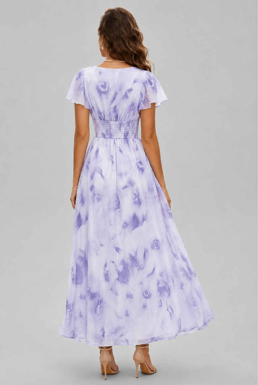 Virtual model wearing The Aurelia Floral Chiffon Dress Lavender V-Neck Flowy Dress