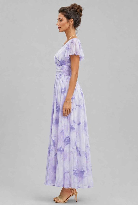Virtual model wearing The Aurelia Floral Chiffon Dress V-Neck Flowy Dress in Lavender