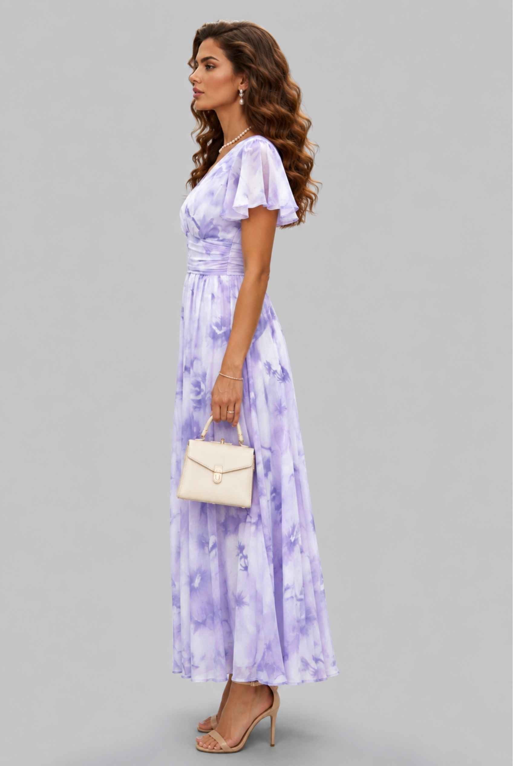 Virtual model wearing The Aurelia Floral Chiffon Dress Lavender V-Neck Flowy Dress