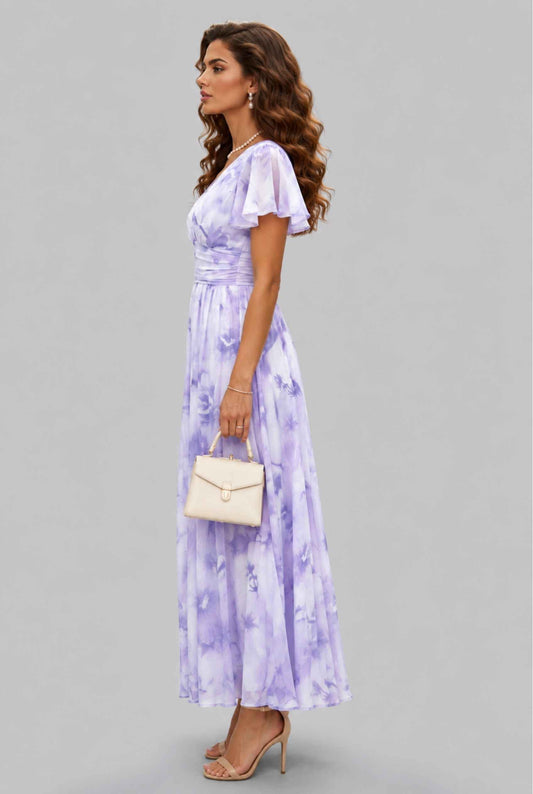 Virtual model wearing The Aurelia Floral Chiffon Dress Lavender V-Neck Flowy Dress
