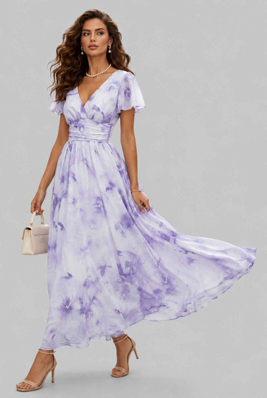 Virtual model wearing The Aurelia Floral Chiffon Dress Lavender V-Neck Flowy Dress