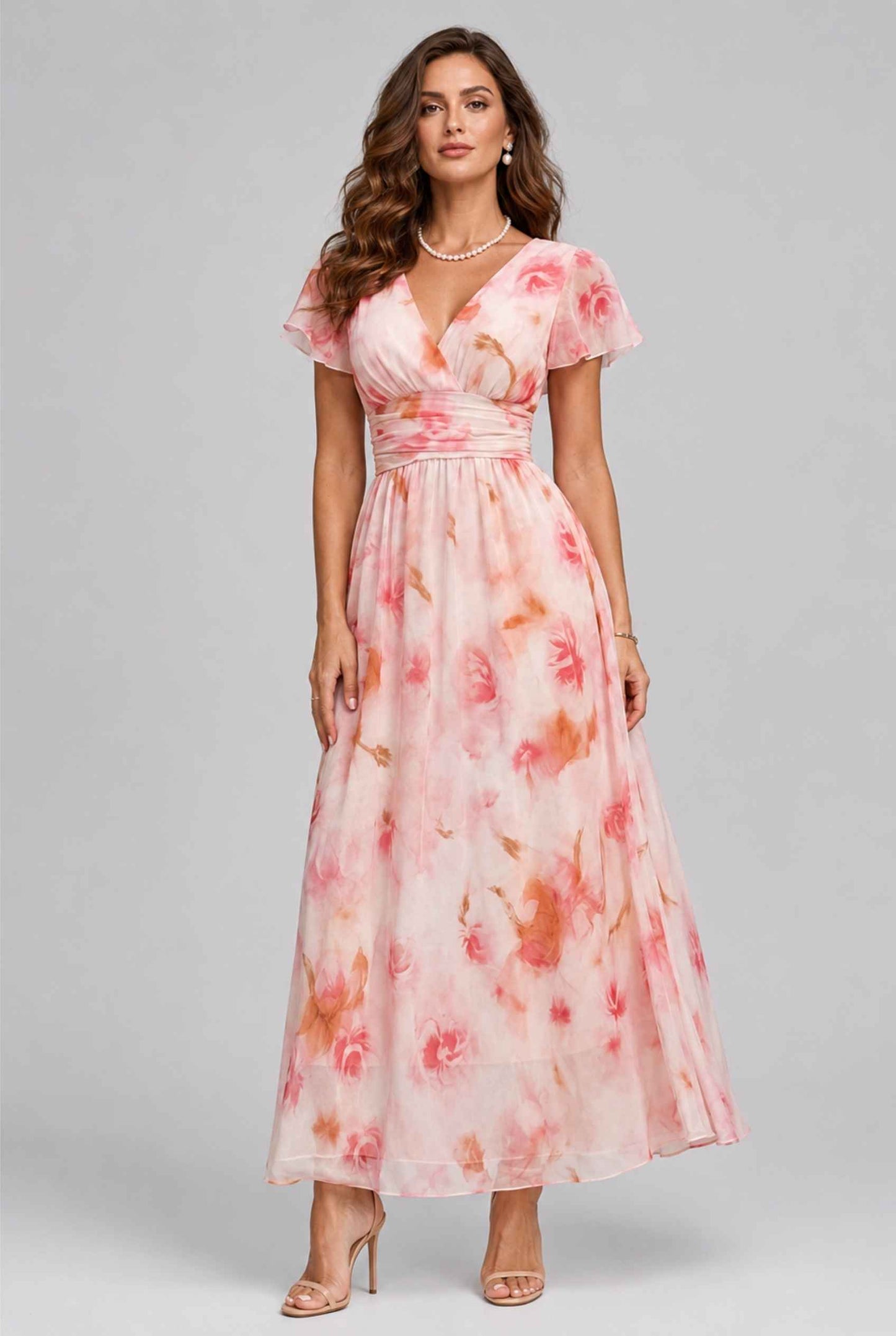 Virtual model wearing The Aurelia Floral Chiffon Dress Pink V-Neck Flowy Dress
