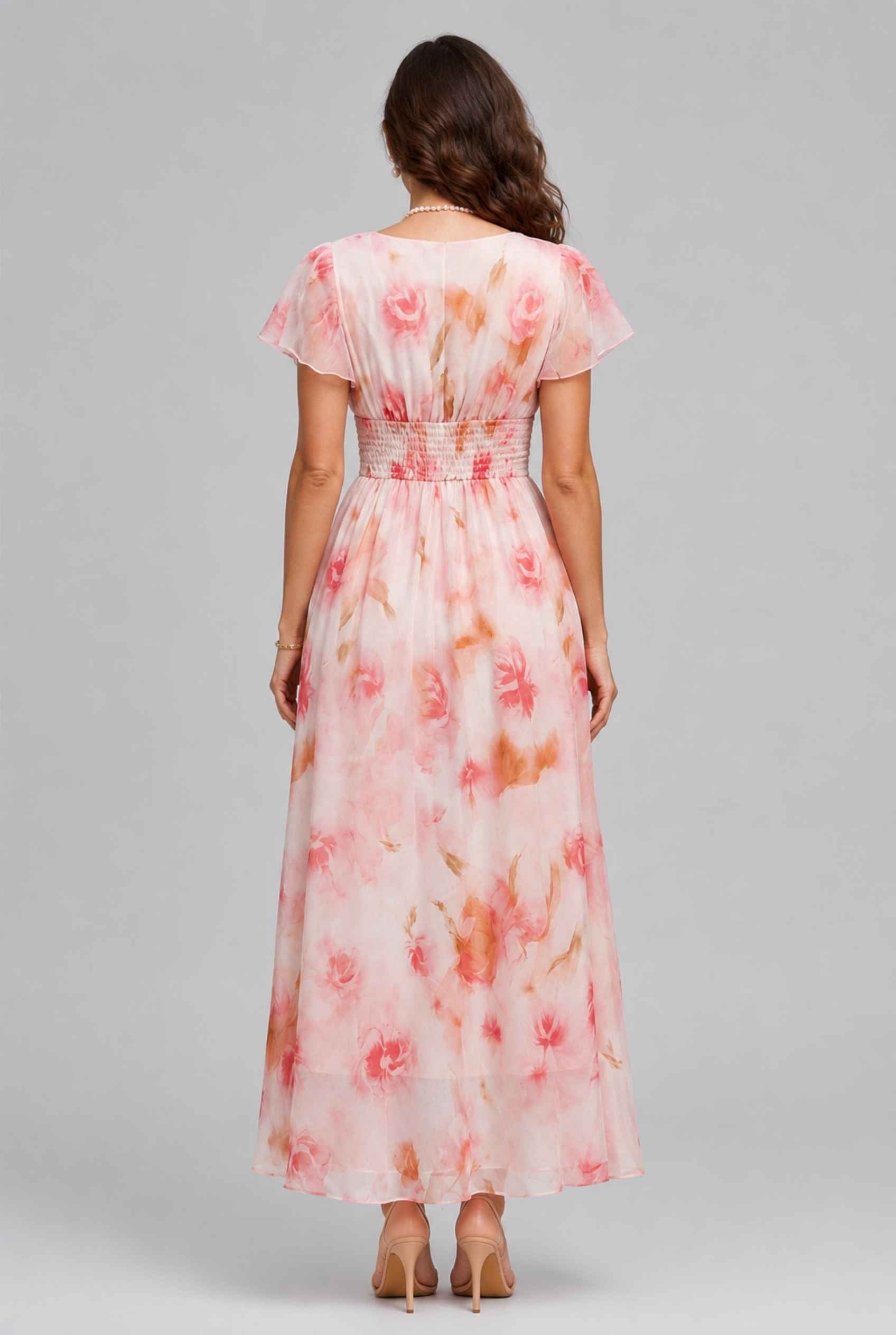 Virtual model wearing The Aurelia Floral Chiffon Dress Pink V-Neck Flowy Dress
