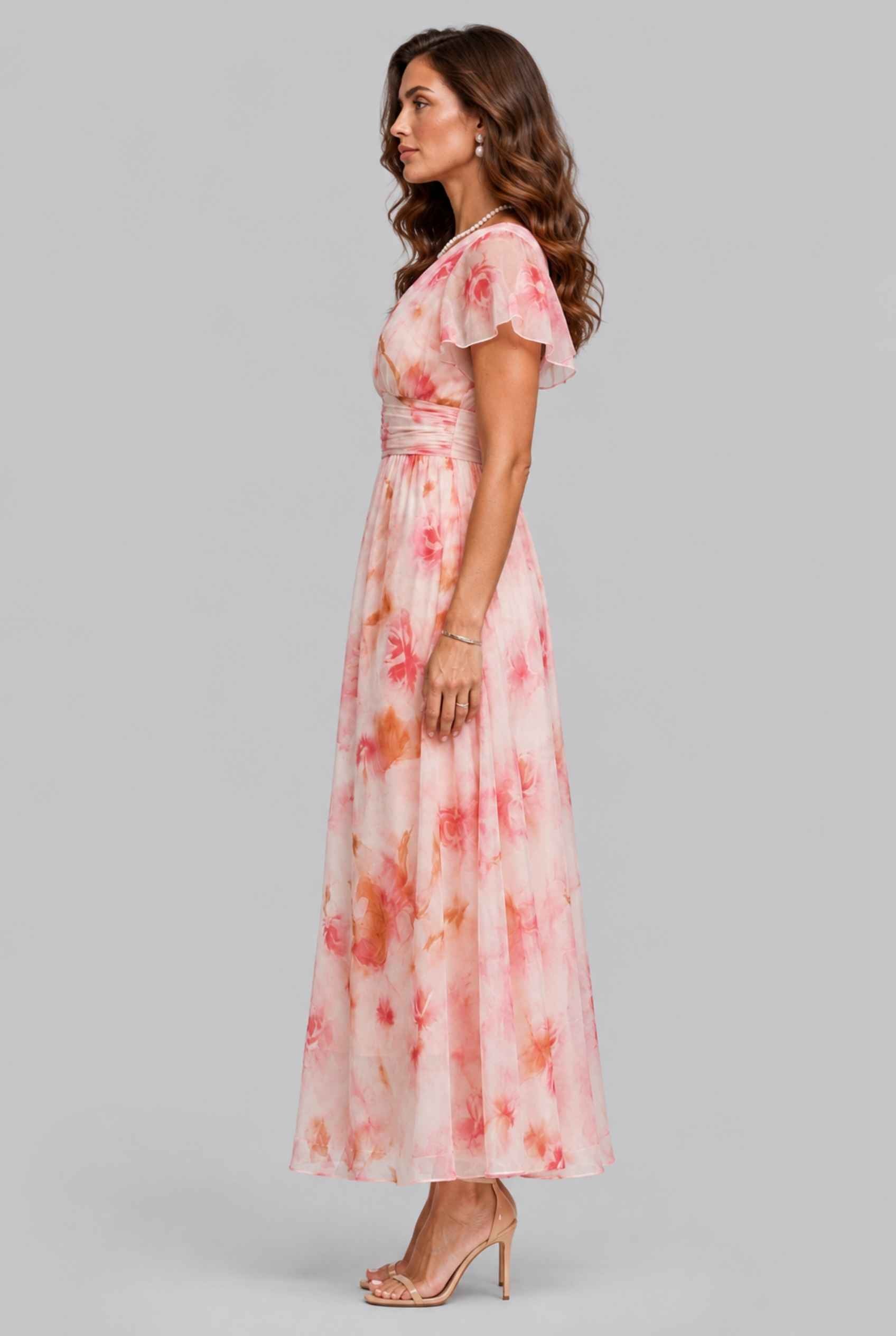 Virtual model wearing The Aurelia Floral Chiffon Dress Pink V-Neck Flowy Dress