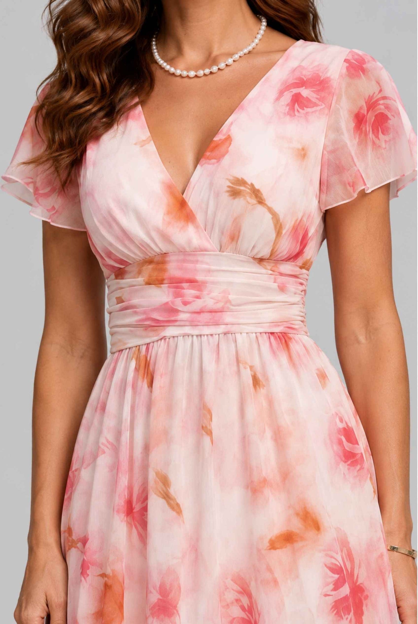 Virtual model wearing The Aurelia Floral Chiffon Dress Pink V-Neck Flowy Dress