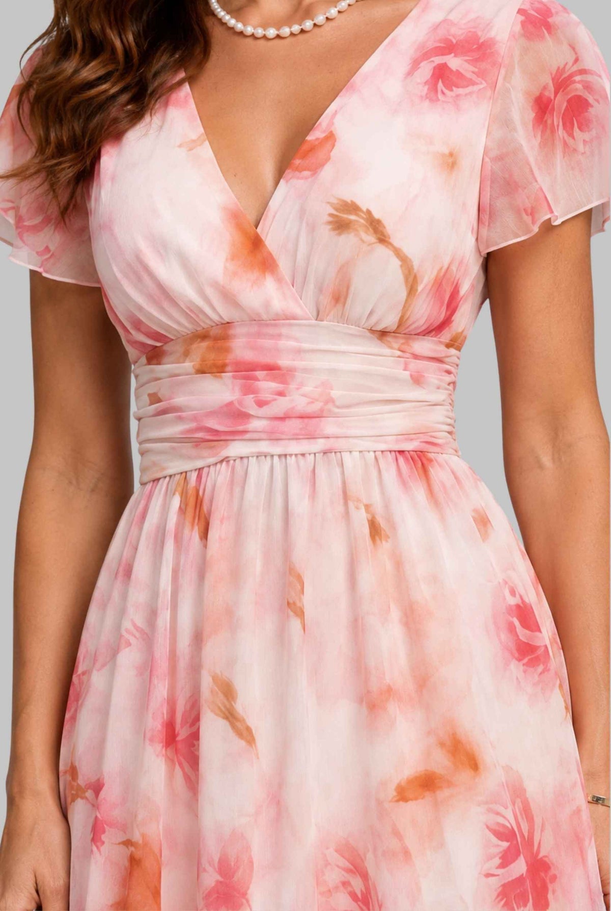 Virtual model wearing The Aurelia Floral Chiffon Dress V-Neck Flowy Dress in Pink