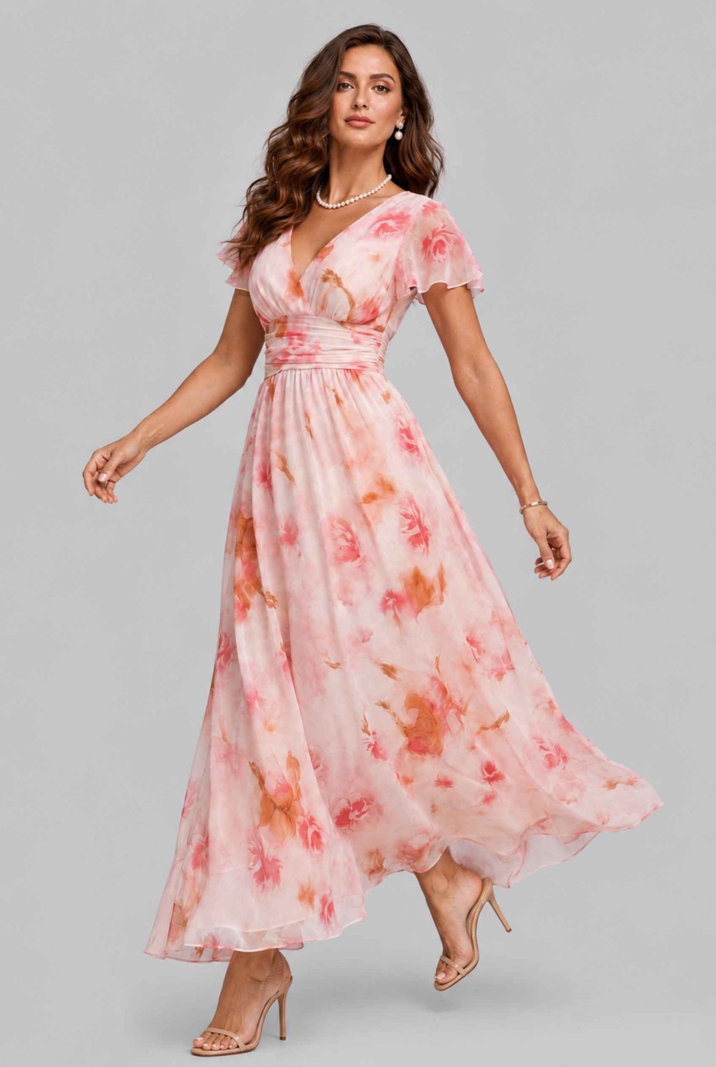 Virtual model wearing The Aurelia Floral Chiffon Dress Pink V-Neck Flowy Dress