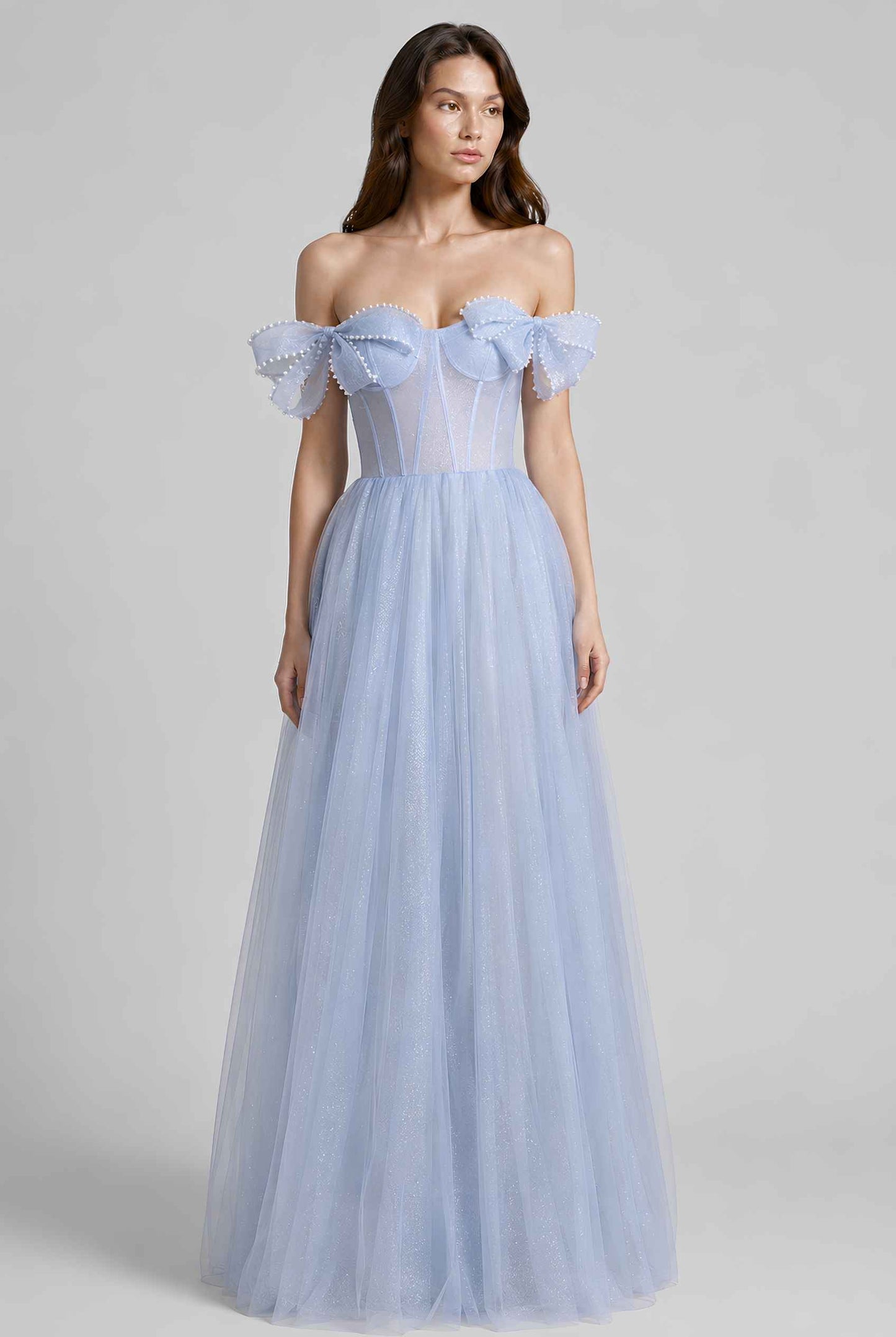 Virtual model wearing The Aveline Pearl Tulle Dress Bow-Sleeve Pearl-Embellished Gown in Blue
