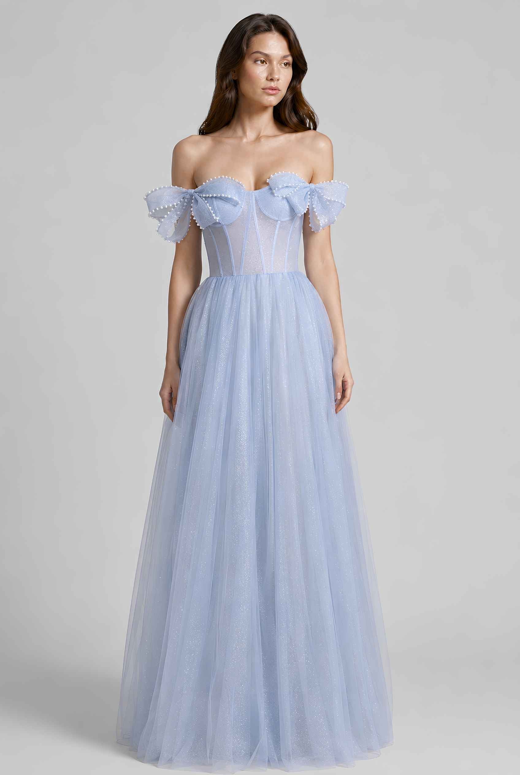 Virtual model wearing The Aveline Pearl Tulle Dress Bow-Sleeve Pearl-Embellished Gown in Blue