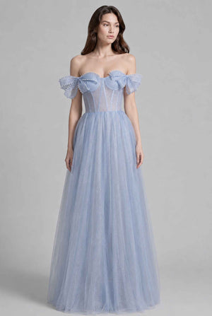 Virtual model wearing The Aveline Pearl Tulle Dress Bow-Sleeve Pearl-Embellished Gown in Blue