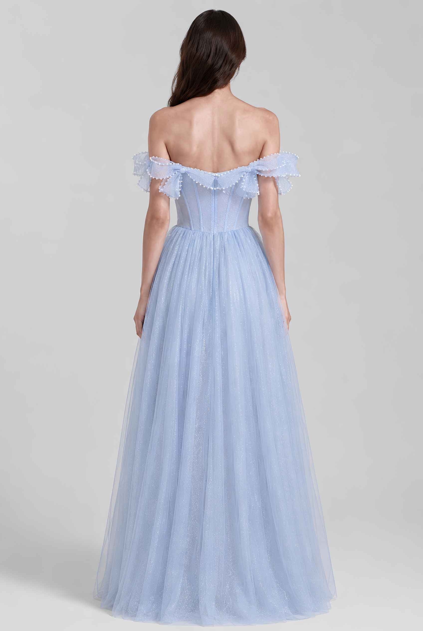 Virtual model wearing The Aveline Pearl Tulle Dress Bow-Sleeve Pearl-Embellished Gown in Blue