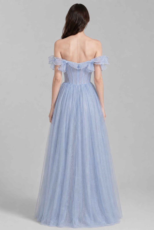 Virtual model wearing The Aveline Pearl Tulle Dress Bow-Sleeve Pearl-Embellished Gown in Blue