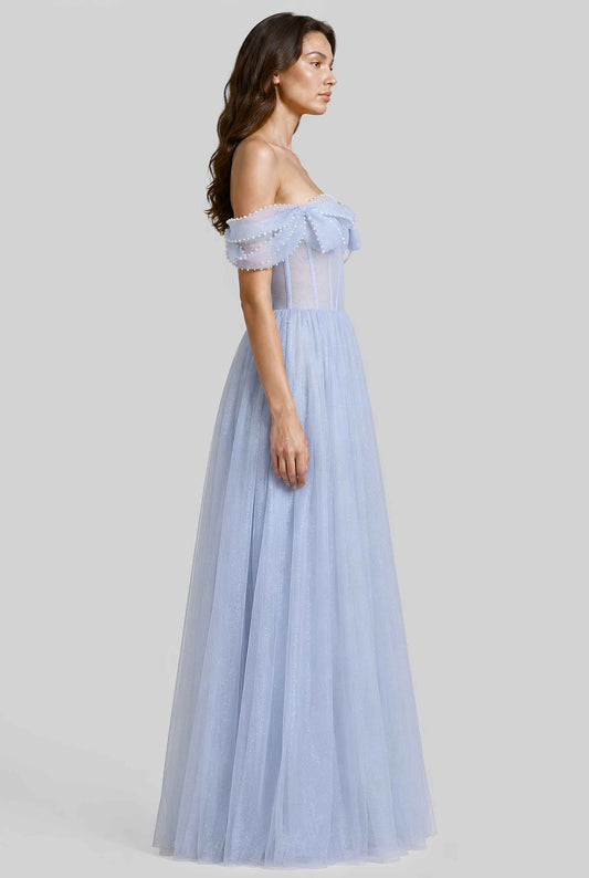 Virtual model wearing The Aveline Pearl Tulle Dress Bow-Sleeve Pearl-Embellished Gown in Blue