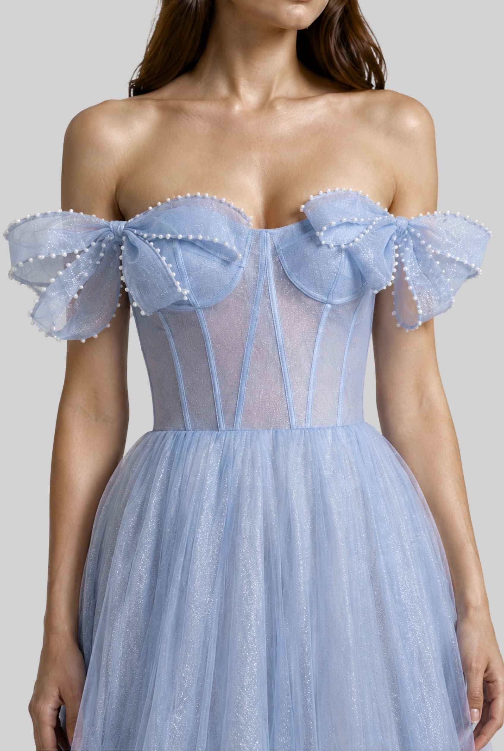 Virtual model wearing The Aveline Pearl Tulle Dress Bow-Sleeve Pearl-Embellished Gown in Blue
