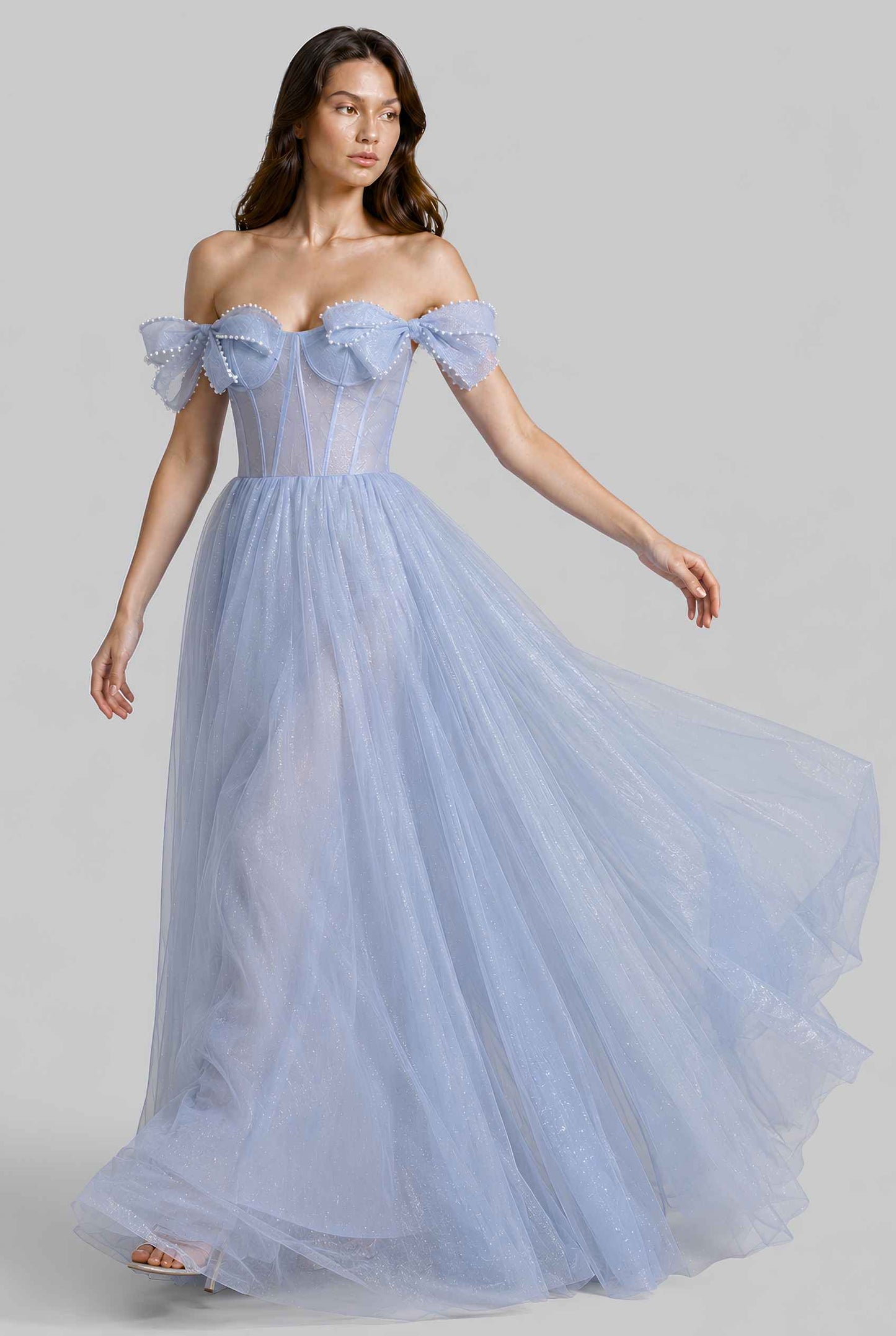 Virtual model wearing The Aveline Pearl Tulle Dress Bow-Sleeve Pearl-Embellished Gown in Blue