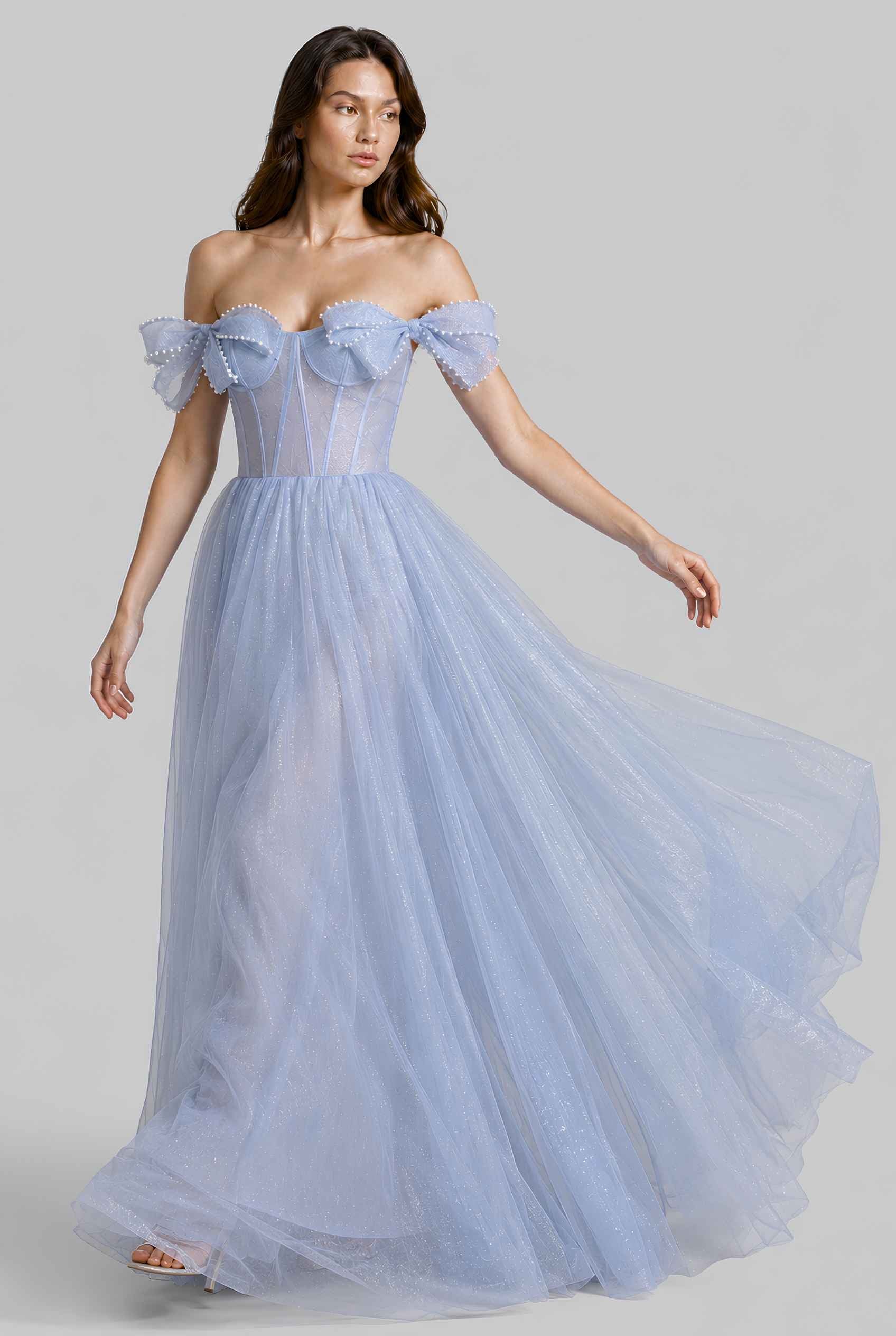 Virtual model wearing The Aveline Pearl Tulle Dress Bow-Sleeve Pearl-Embellished Gown in Blue