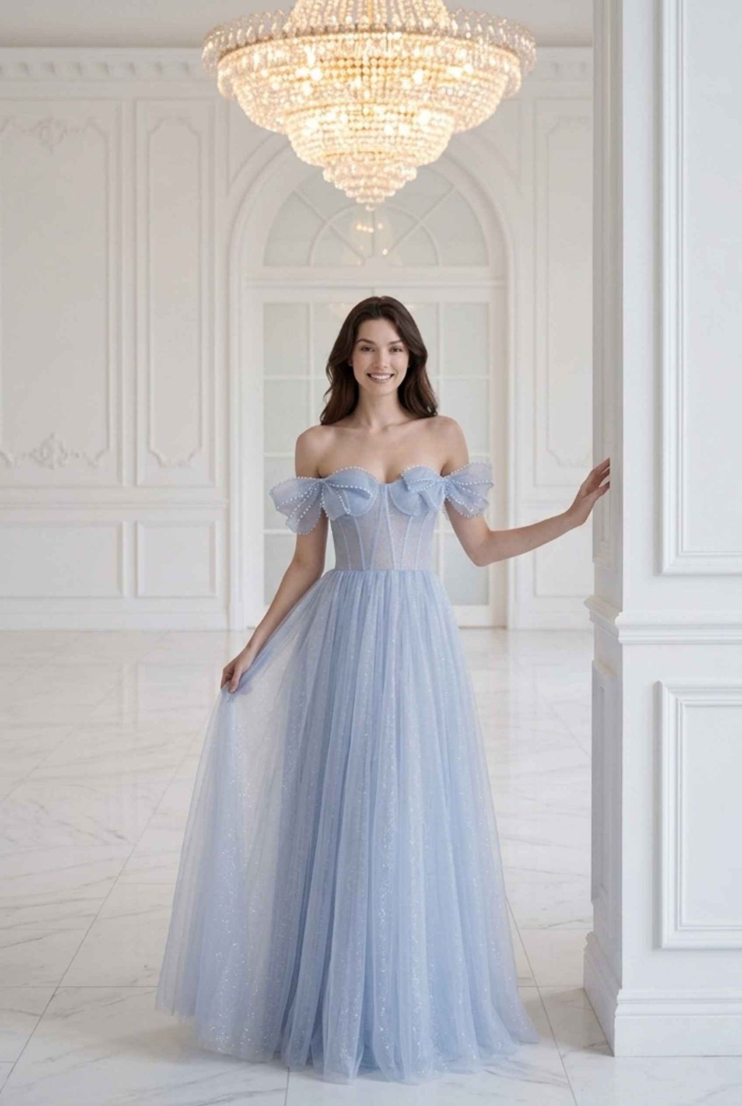 Virtual model wearing The Aveline Pearl Tulle Dress Bow-Sleeve Pearl-Embellished Gown in Blue