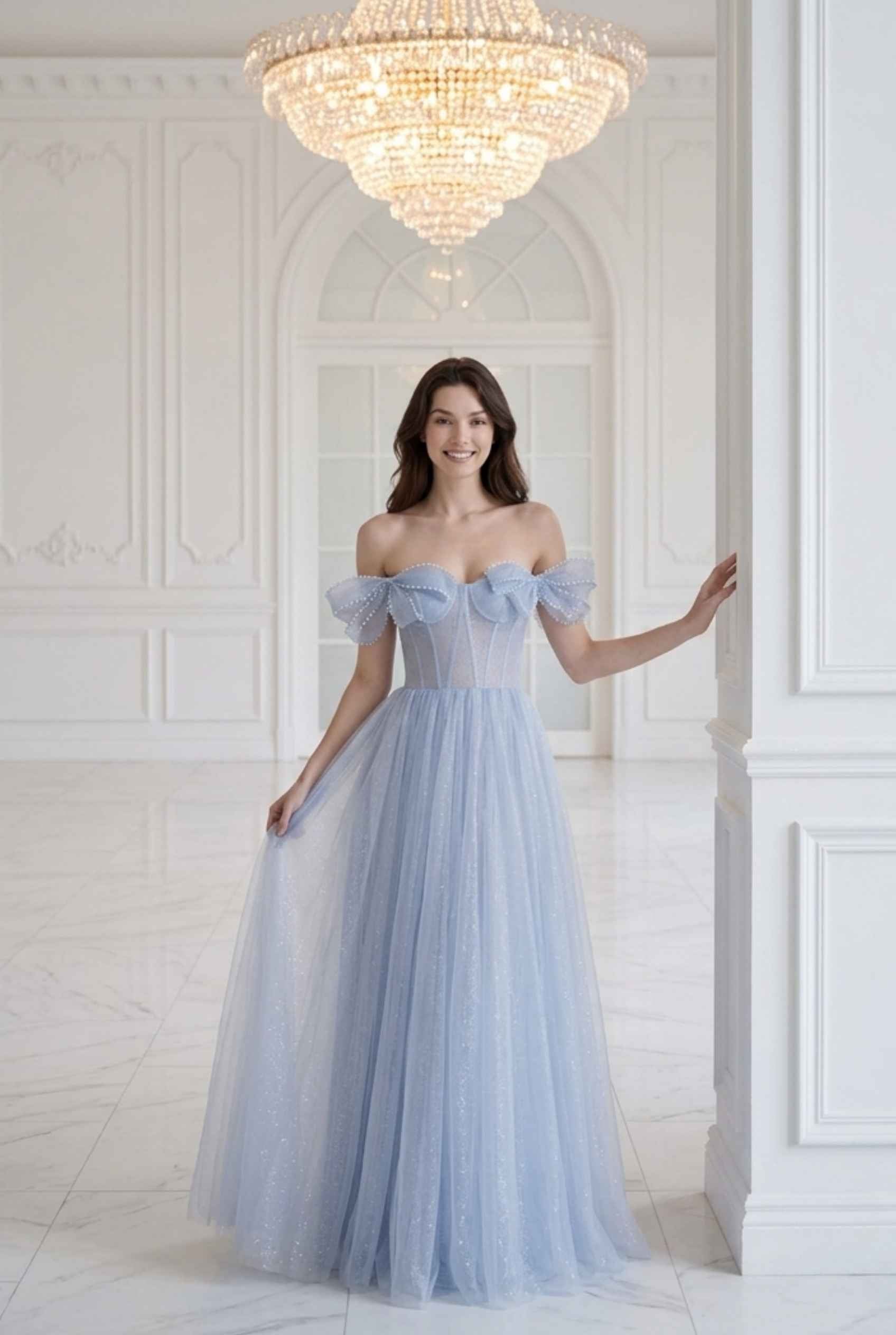 Virtual model wearing The Aveline Pearl Tulle Dress Bow-Sleeve Pearl-Embellished Gown in Blue