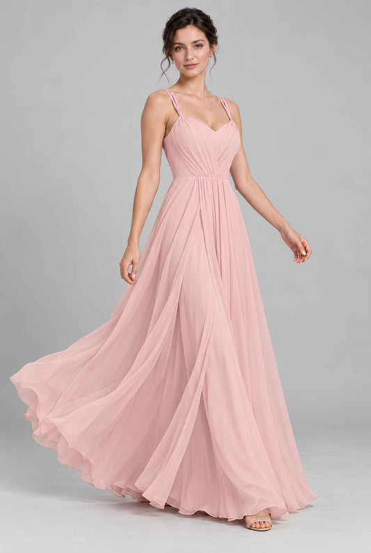 Virtual model wearing The Avonlea Appliqué Chiffon Dress Floral-Embroidered Open-Back Dress Blush