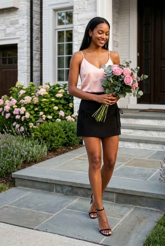 Virtual model wearing The Beau Satin Mini Skirt Tied Bow Detail Satin Mini Skirt in Black