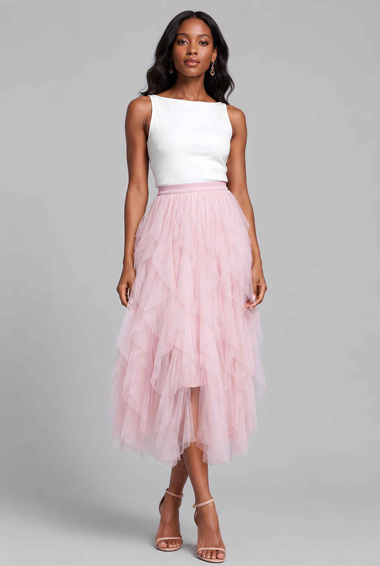 Virtual Model wearing The Bella Tulle Skirt Blush Asymmetric Tiered Ruffle Tulle Midi Skirt