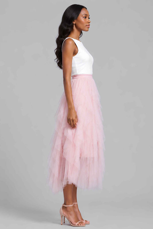 Virtual Model wearing The Bella Tulle Skirt Blush Asymmetric Tiered Ruffle Tulle Midi Skirt