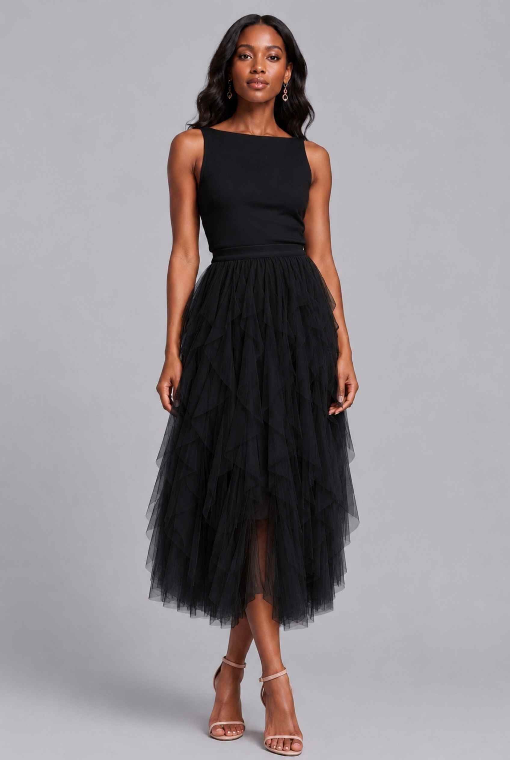 Virtual Model wearing The Bella Tulle Skirt Black Asymmetric Tiered Ruffle Tulle Midi Skirt