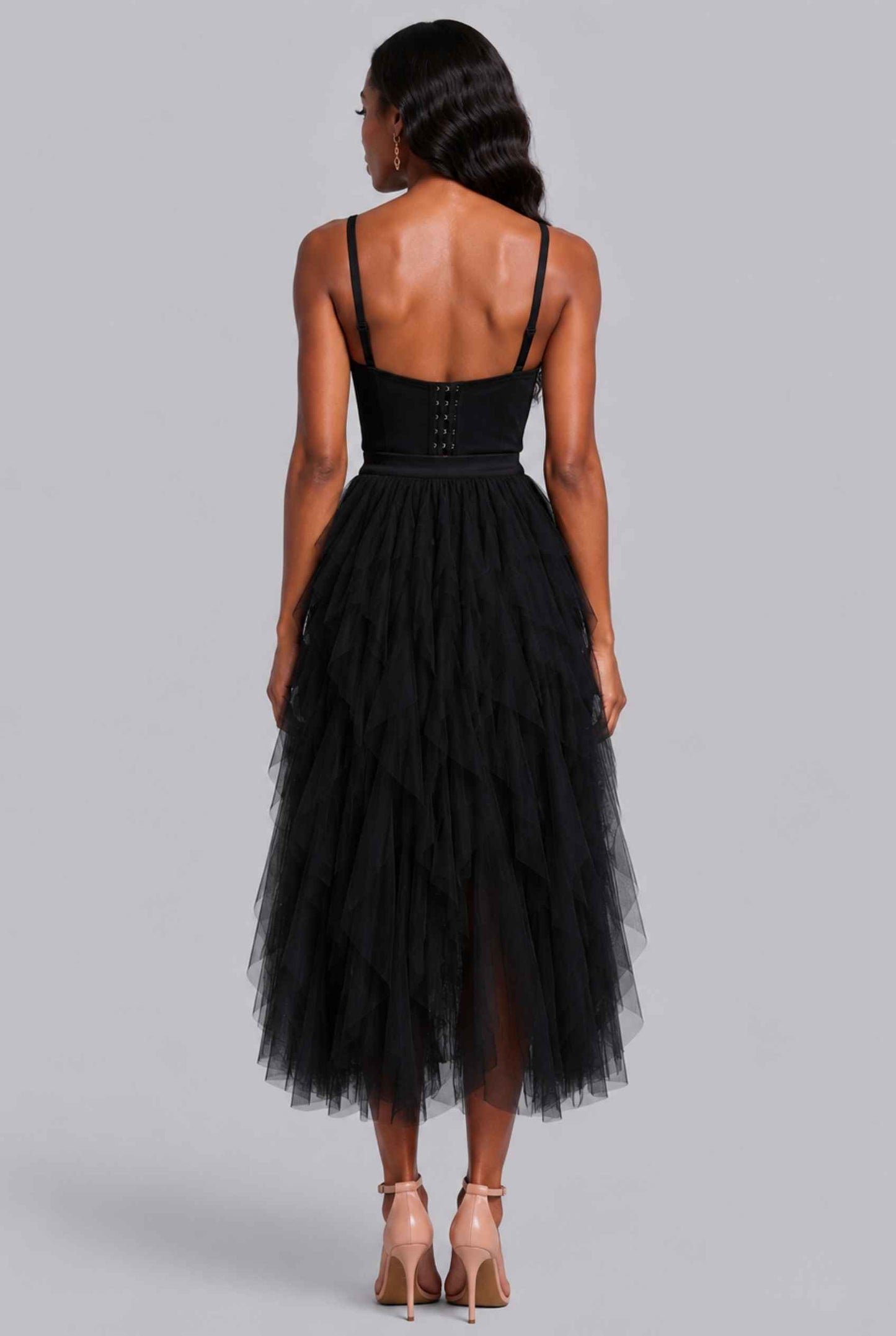 Virtual Model wearing The Bella Tulle Skirt Black Asymmetric Tiered Ruffle Tulle Midi Skirt