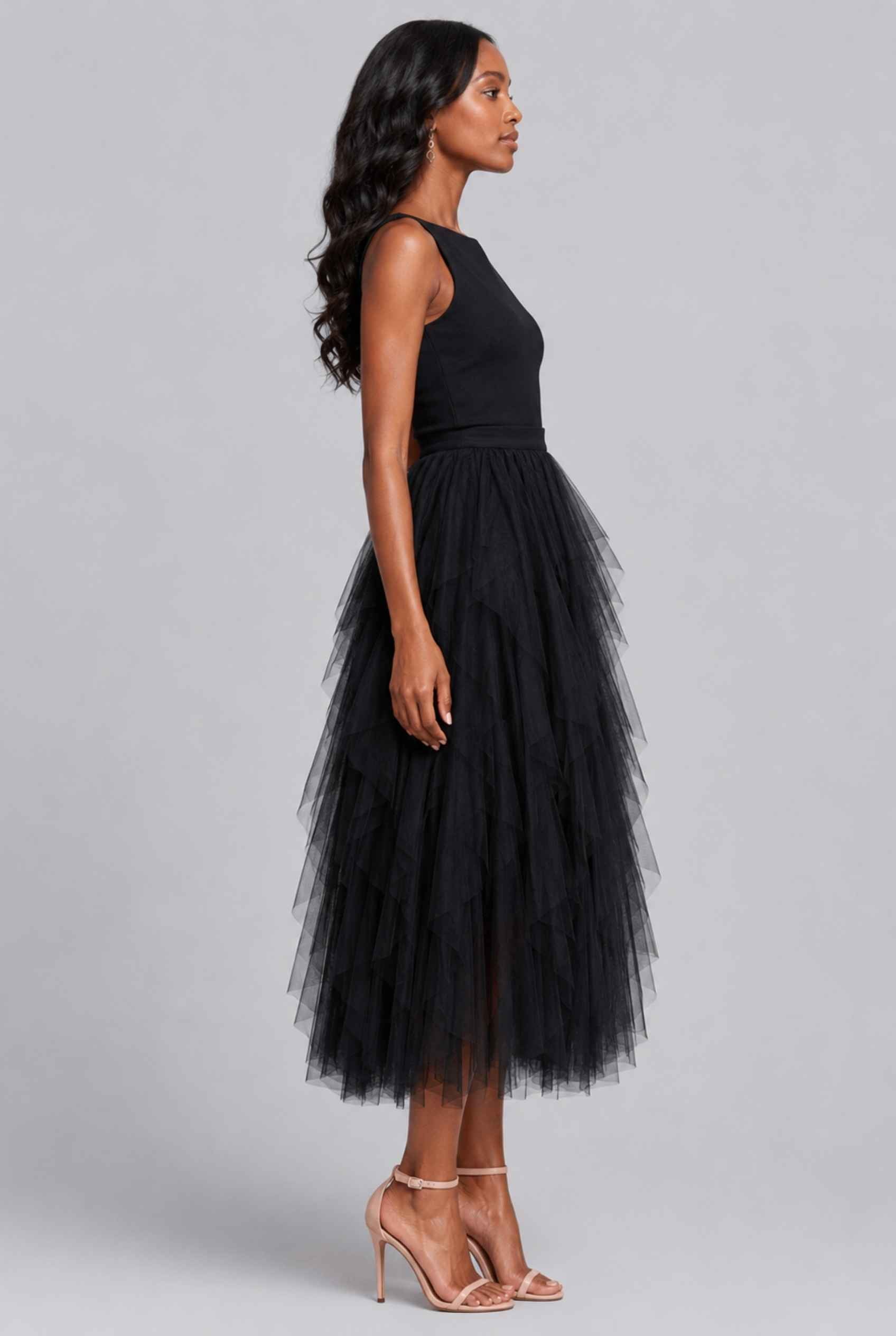 Virtual Model wearing The Bella Tulle Skirt Black Asymmetric Tiered Ruffle Tulle Midi Skirt
