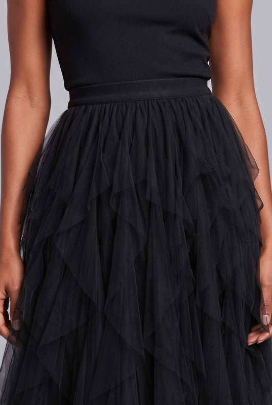 Virtual Model wearing The Bella Tulle Skirt Black Asymmetric Tiered Ruffle Tulle Midi Skirt