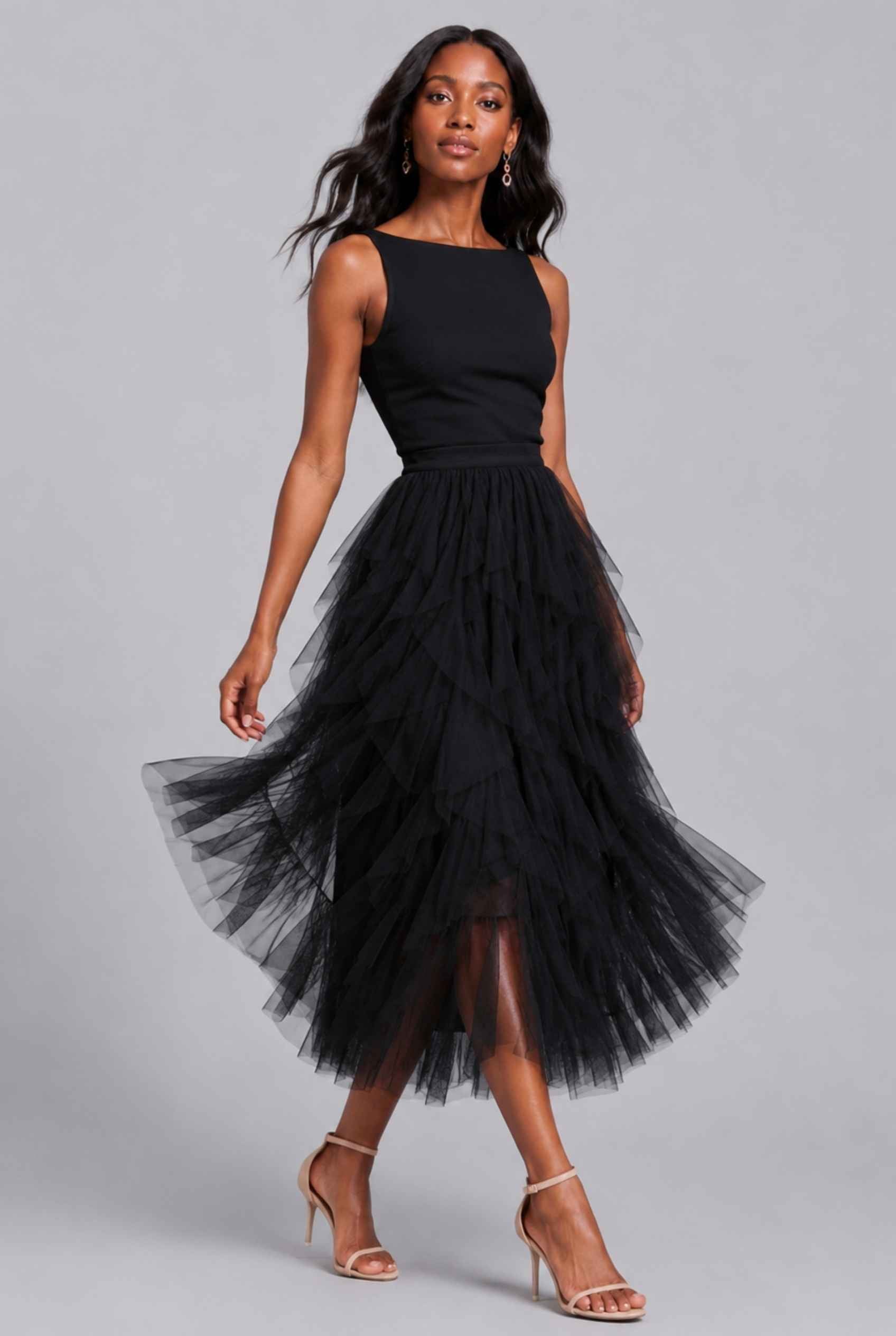 Virtual Model wearing The Bella Tulle Skirt Black Asymmetric Tiered Ruffle Tulle Midi Skirt