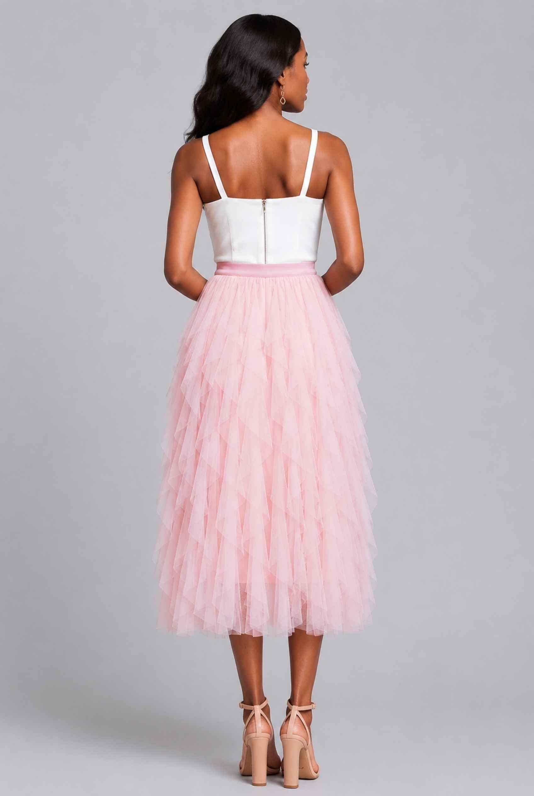 Virtual Model wearing The Bella Tulle Skirt Blush Asymmetric Tiered Ruffle Tulle Midi Skirt