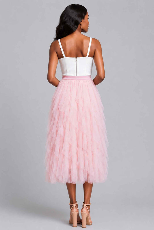 Virtual Model wearing The Bella Tulle Skirt Blush Asymmetric Tiered Ruffle Tulle Midi Skirt