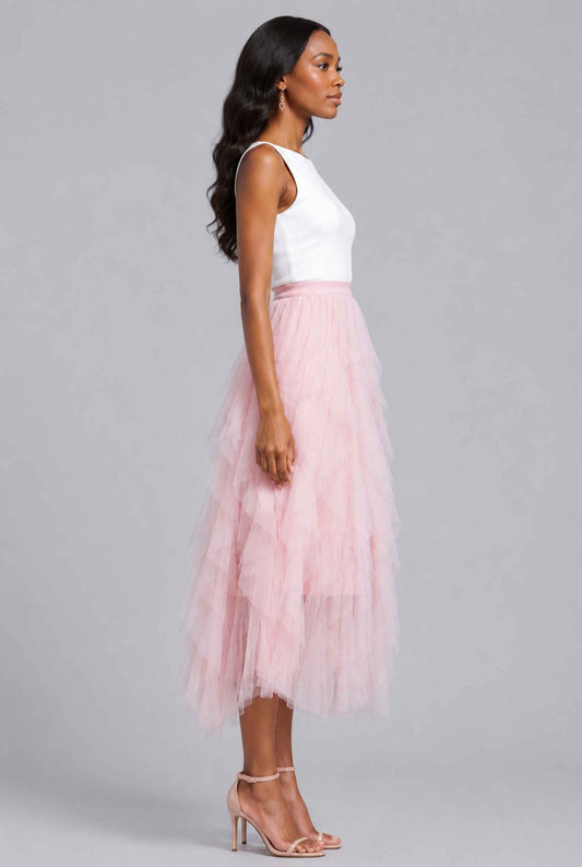 Virtual Model wearing The Bella Tulle Skirt Blush Asymmetric Tiered Ruffle Tulle Midi Skirt