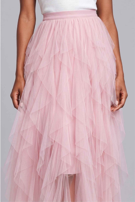 Virtual Model wearing The Bella Tulle Skirt Blush Asymmetric Tiered Ruffle Tulle Midi Skirt