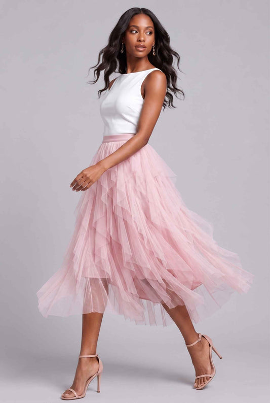 Virtual Model wearing The Bella Tulle Skirt Blush Asymmetric Tiered Ruffle Tulle Midi Skirt