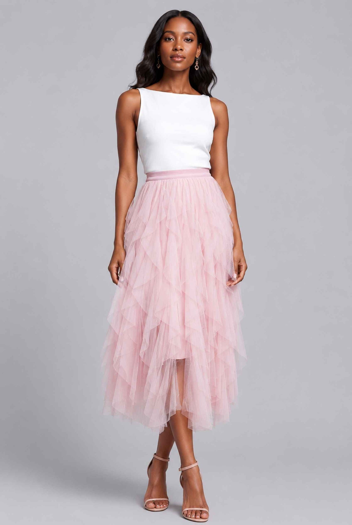 Virtual Model wearing The Bella Tulle Skirt Blush Asymmetric Tiered Ruffle Tulle Midi Skirt