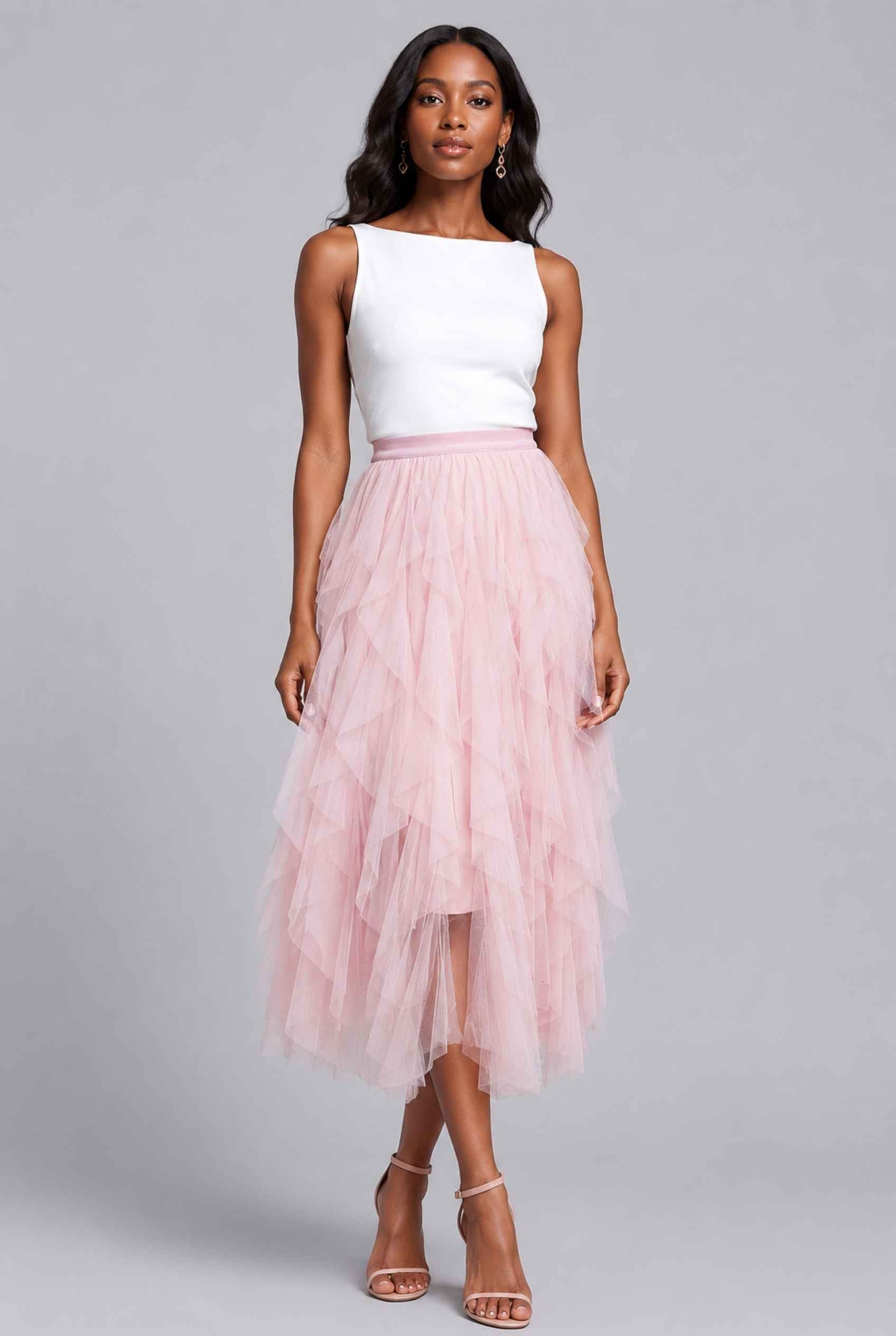Virtual Model wearing The Bella Tulle Skirt Blush Asymmetric Tiered Ruffle Tulle Midi Skirt