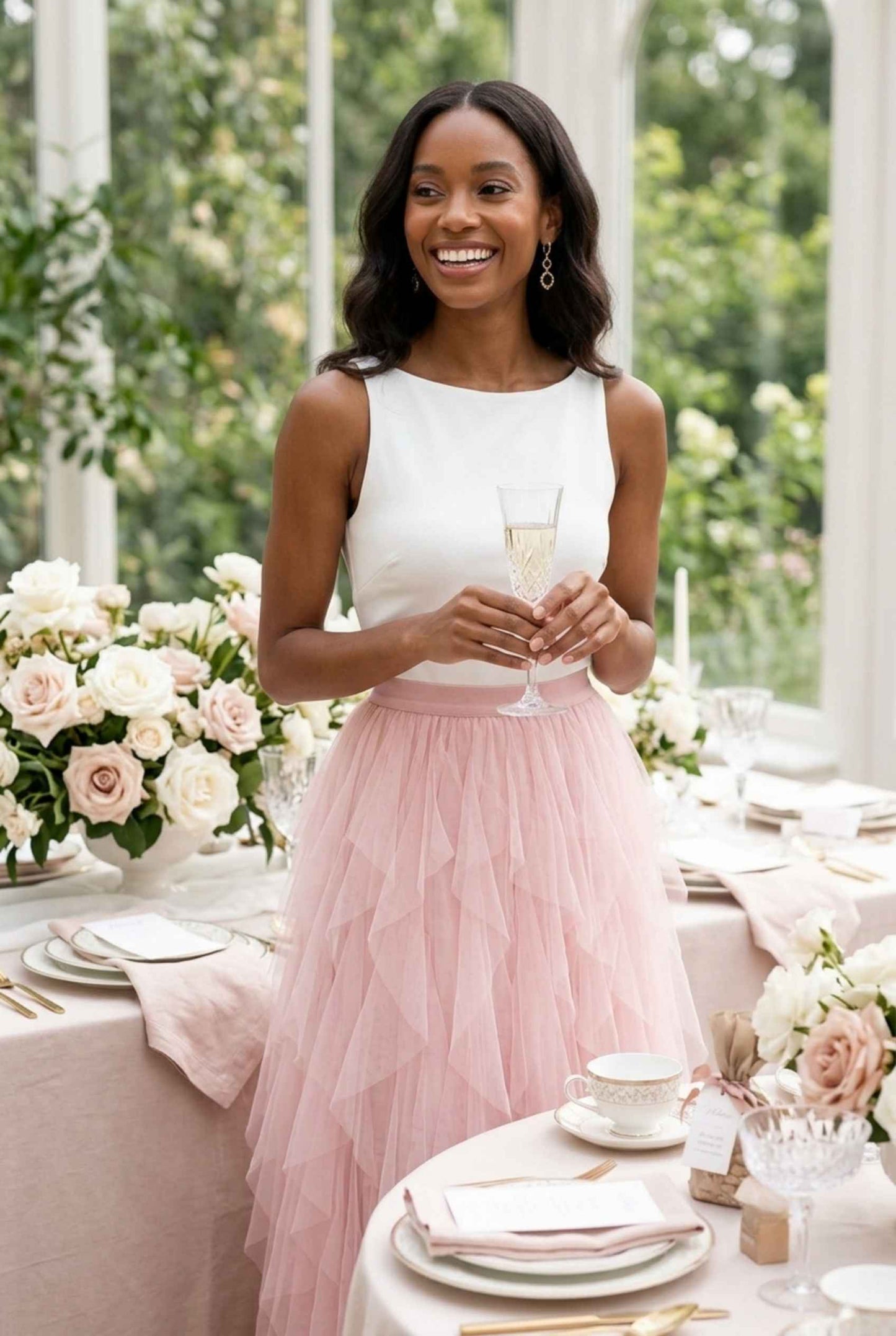 Virtual Model wearing The Bella Tulle Skirt Blush Asymmetric Tiered Ruffle Tulle Midi Skirt