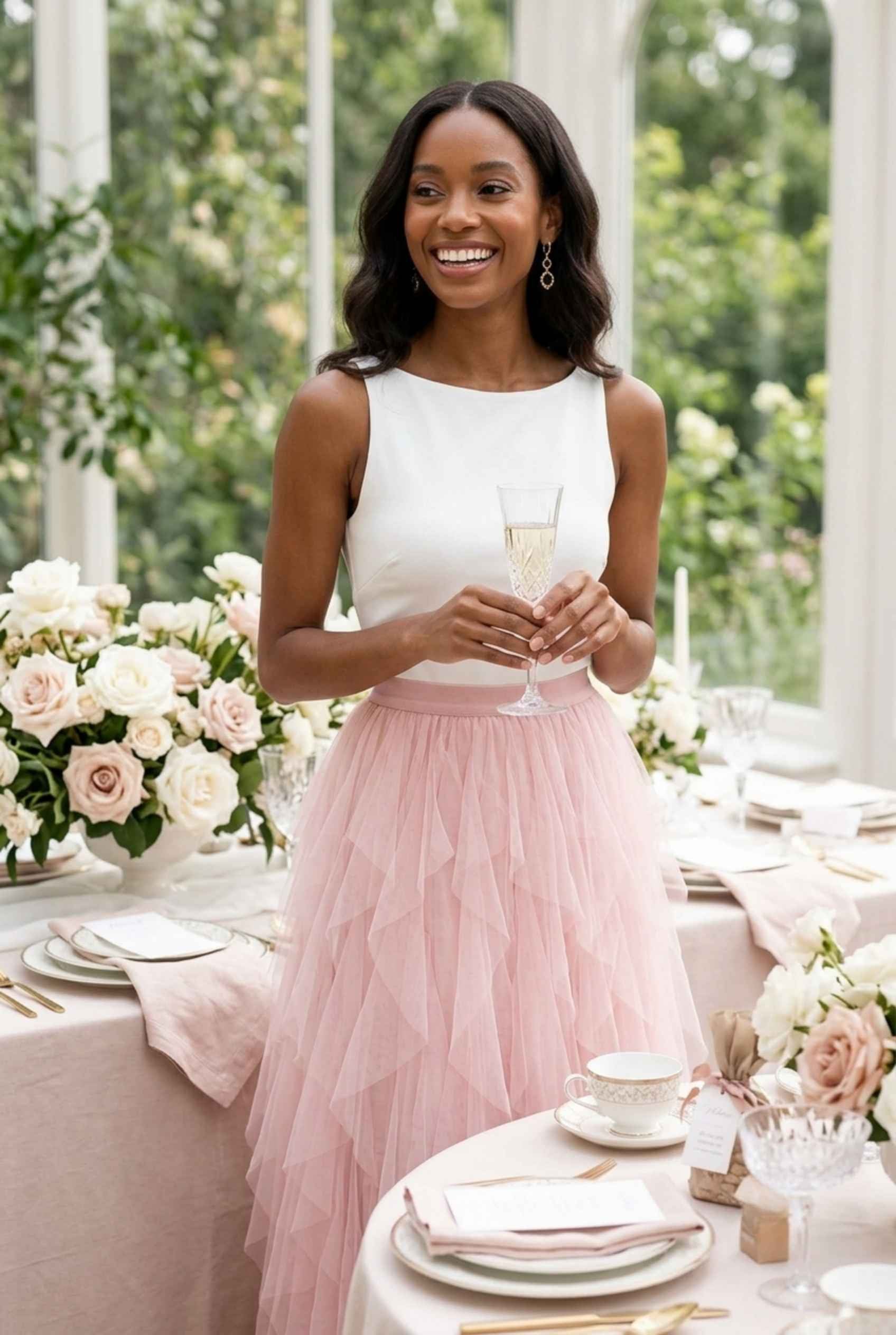 Virtual Model wearing The Bella Tulle Skirt Blush Asymmetric Tiered Ruffle Tulle Midi Skirt