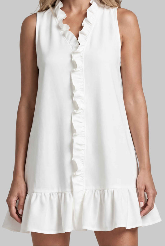 Virtual model wearing The Bianca Ruffle Trim Mini Cotton Ruffle Mini Dress in White