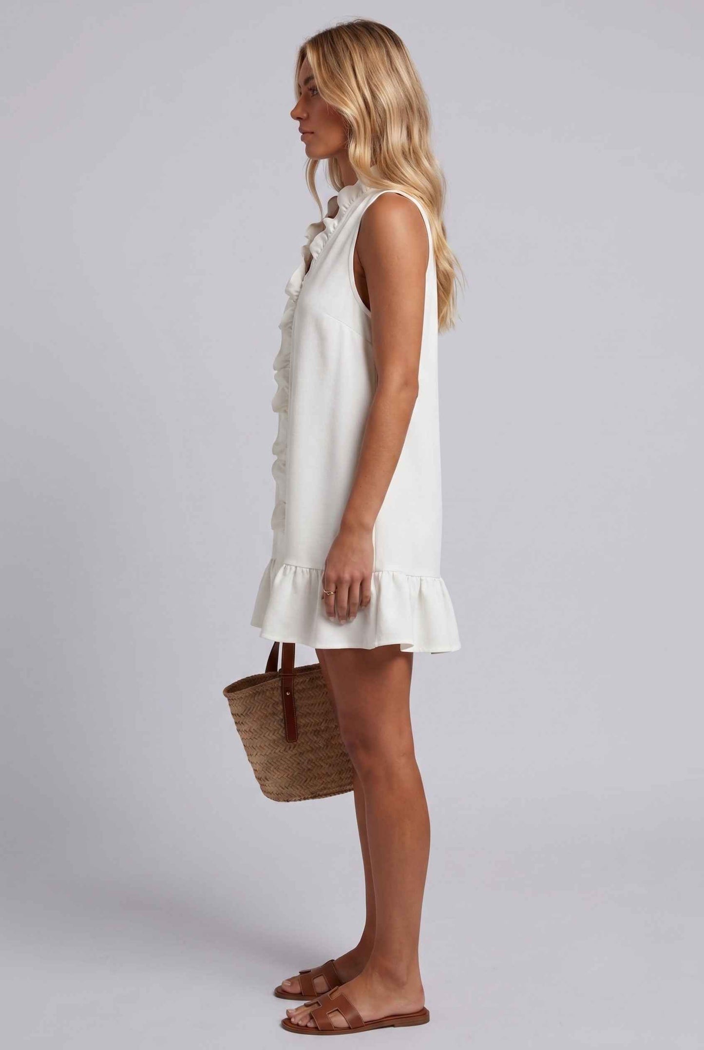 Virtual model wearing The Bianca Ruffle Trim Mini Cotton Ruffle White Mini Dress