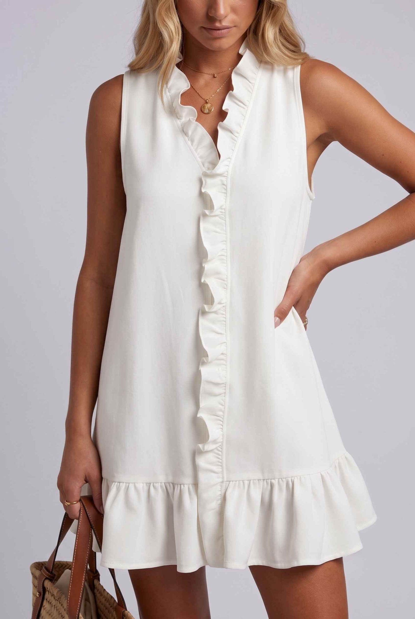 Virtual model wearing The Bianca Ruffle Trim Mini Cotton Ruffle White Mini Dress