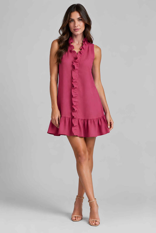 Virtual model wearing The Bianca Ruffle Trim Mini Cotton Ruffle Mini Dress in Pink