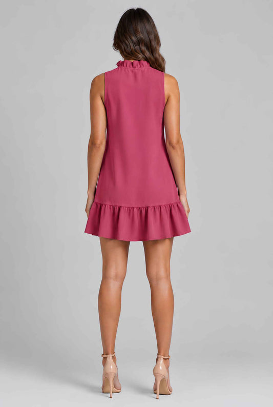 Virtual model wearing The Bianca Ruffle Trim Mini Cotton Ruffle Mini Dress in Pink