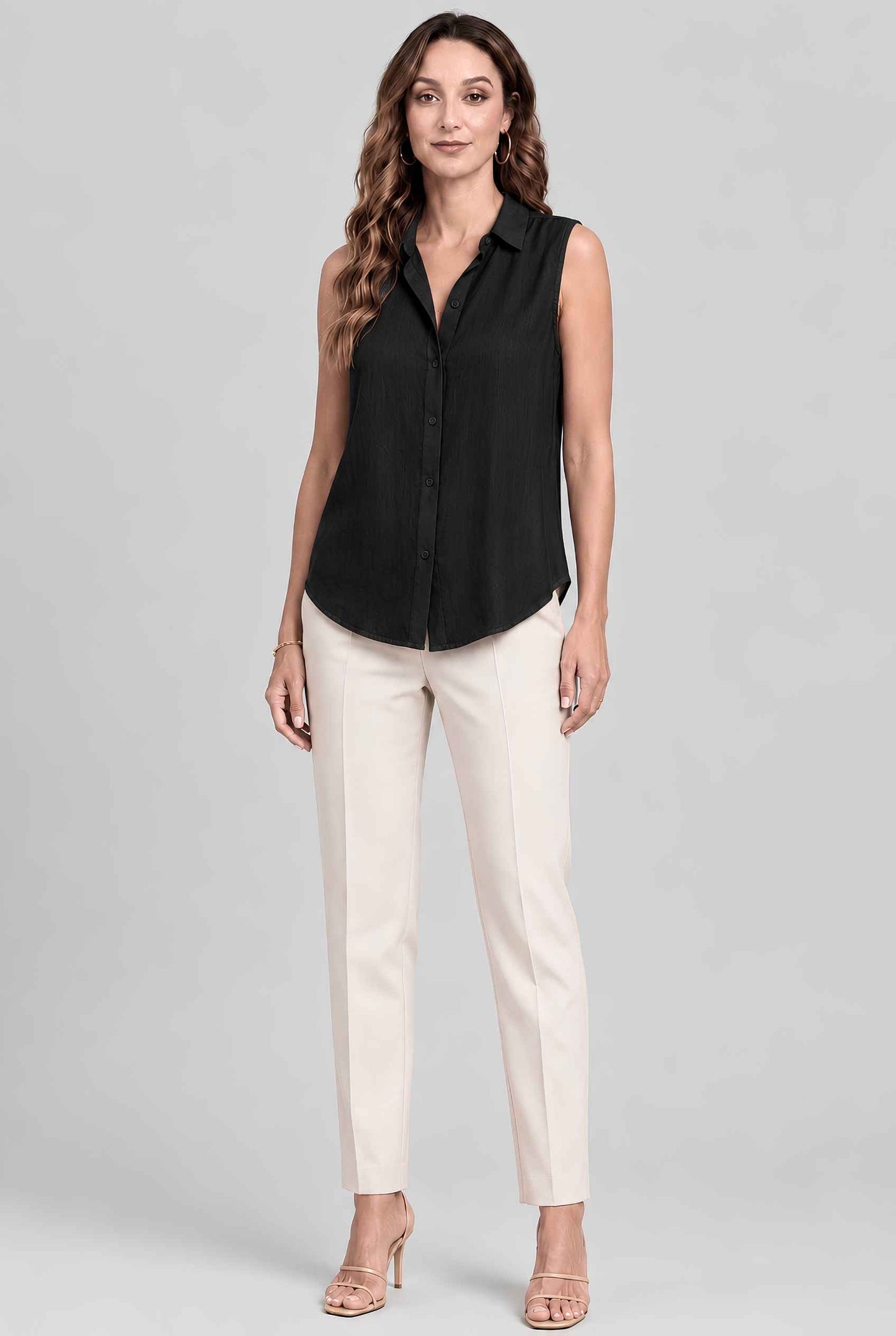 Virtual model wearing The Blair Buttoned Top sleeveless Collared Buttoned Blouse in Black