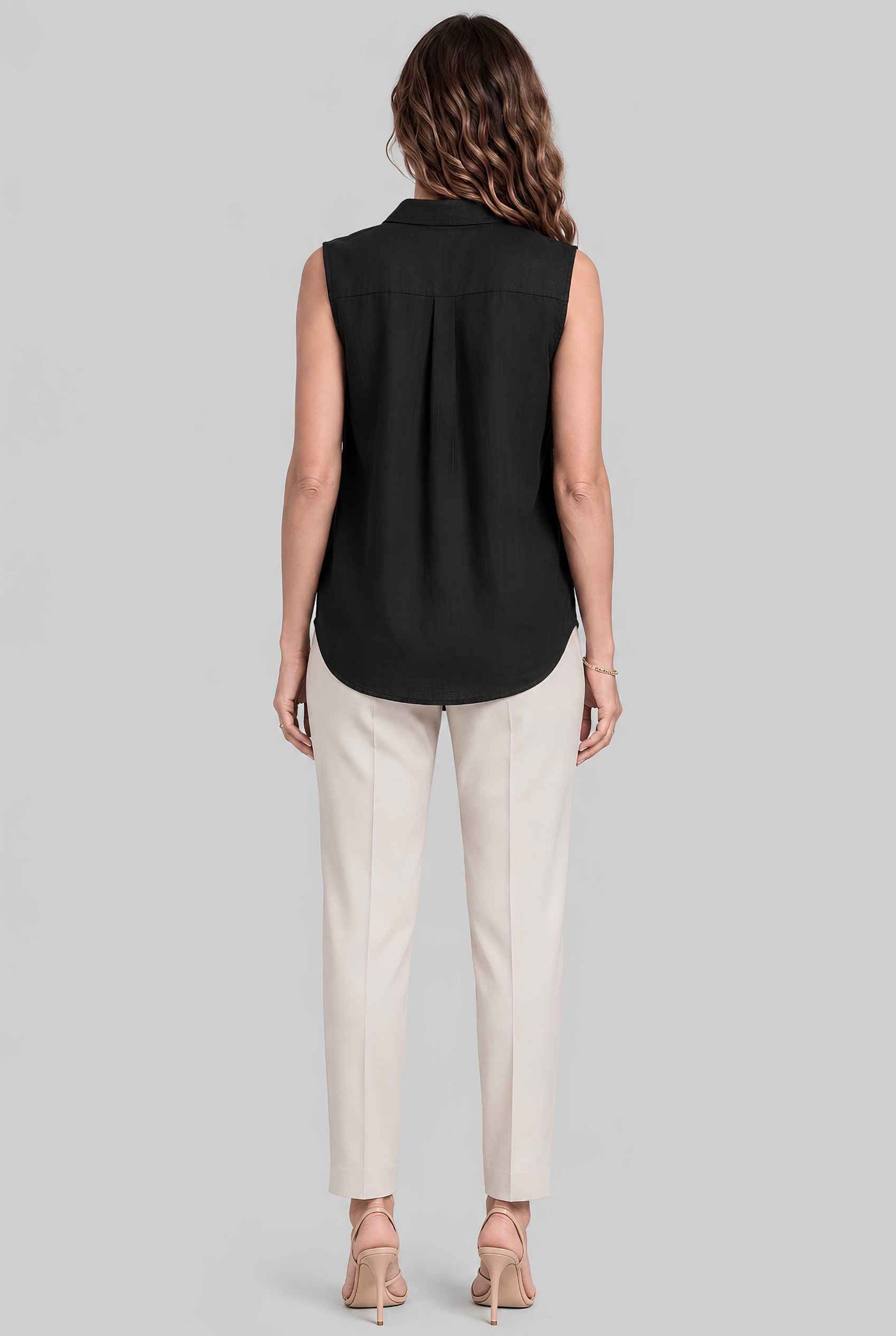 Virtual model wearing The Blair Buttoned Top sleeveless Collared Buttoned Blouse in Black