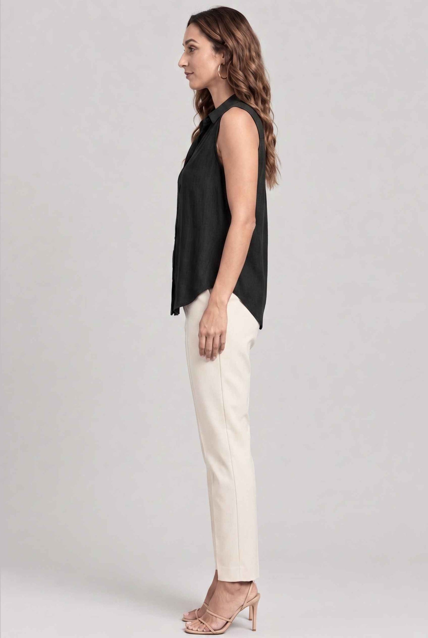 Virtual model wearing The Blair Buttoned Top sleeveless Collared Buttoned Blouse in Black