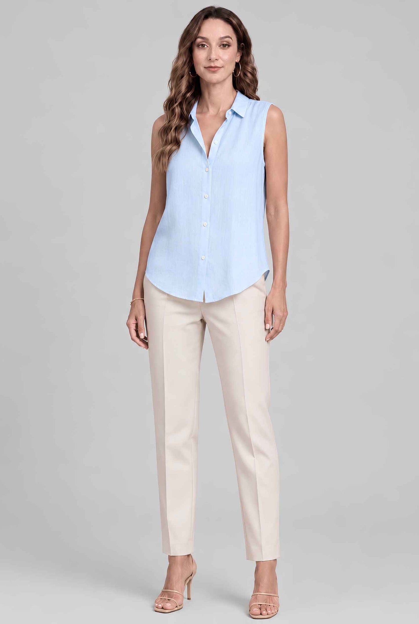 Virtual model wearing The Blair Buttoned Top sleeveless Collared Buttoned Blouse in Light Blue