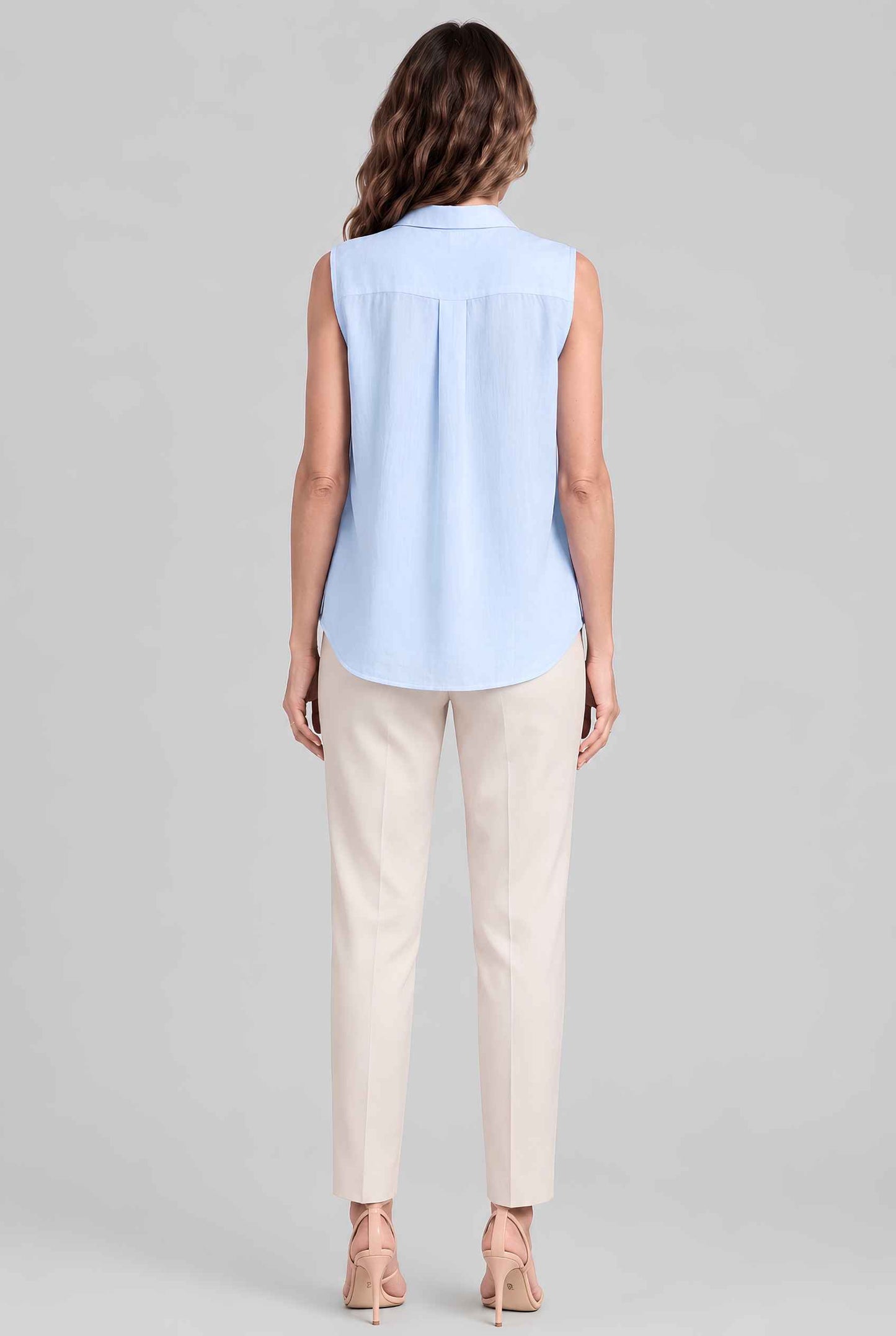 Virtual model wearing The Blair Buttoned Top sleeveless Collared Buttoned Blouse in Light Blue
